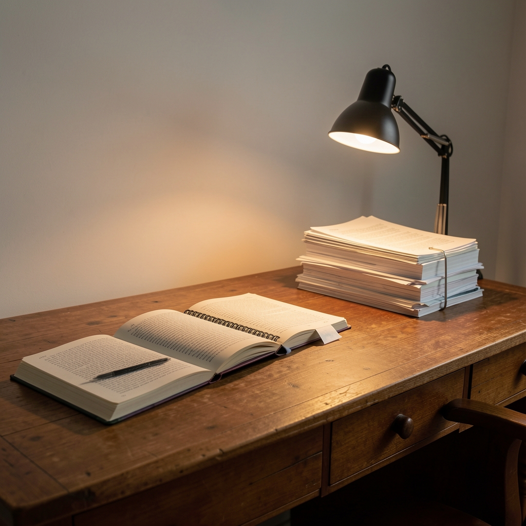 Quiet editorial desk with open notebooks, stacked papers, and a single lamp in warm studio lighting