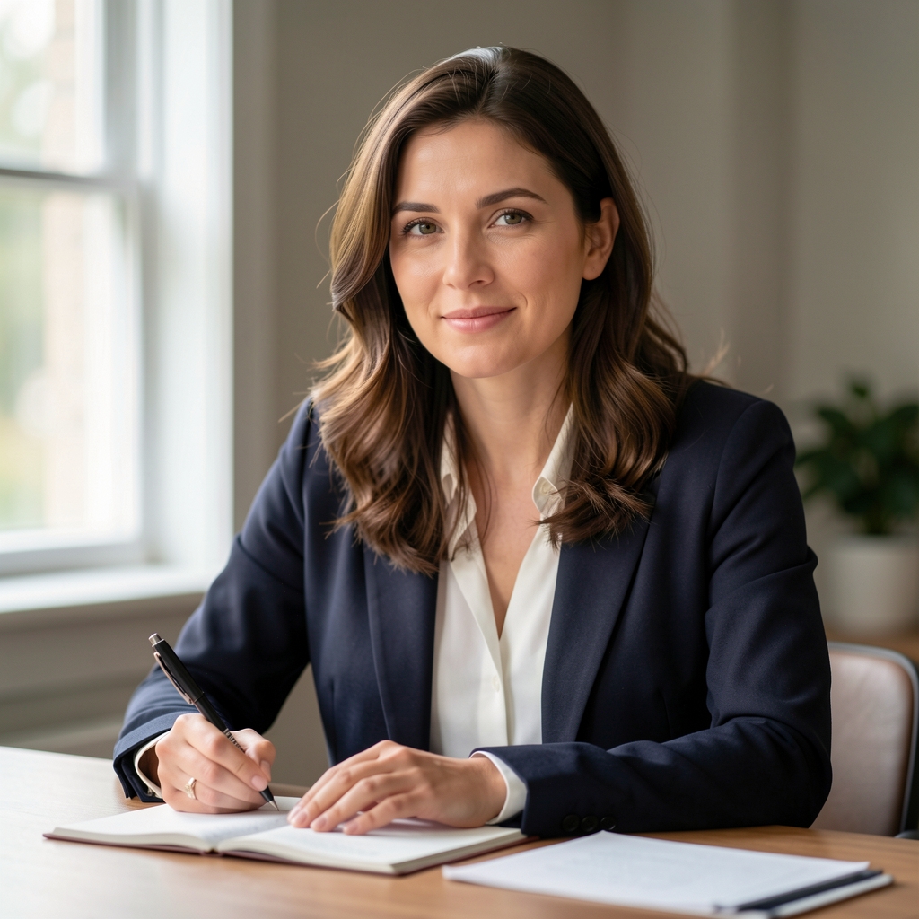 Editorial portrait of a woman at a writing desk, soft natural light from a window on the left