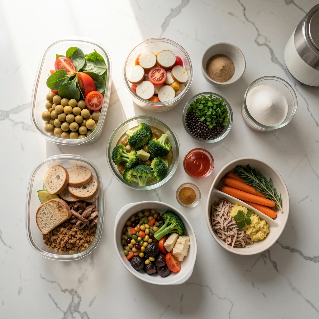 Overhead view of a plain meal prep arrangement on a kitchen counter, natural afternoon light, minimal and organised