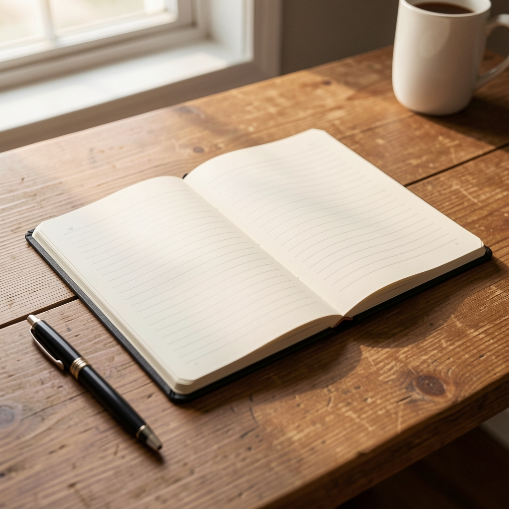 Notebook open on a wooden desk in early morning light, pen resting beside it, quiet and ordered