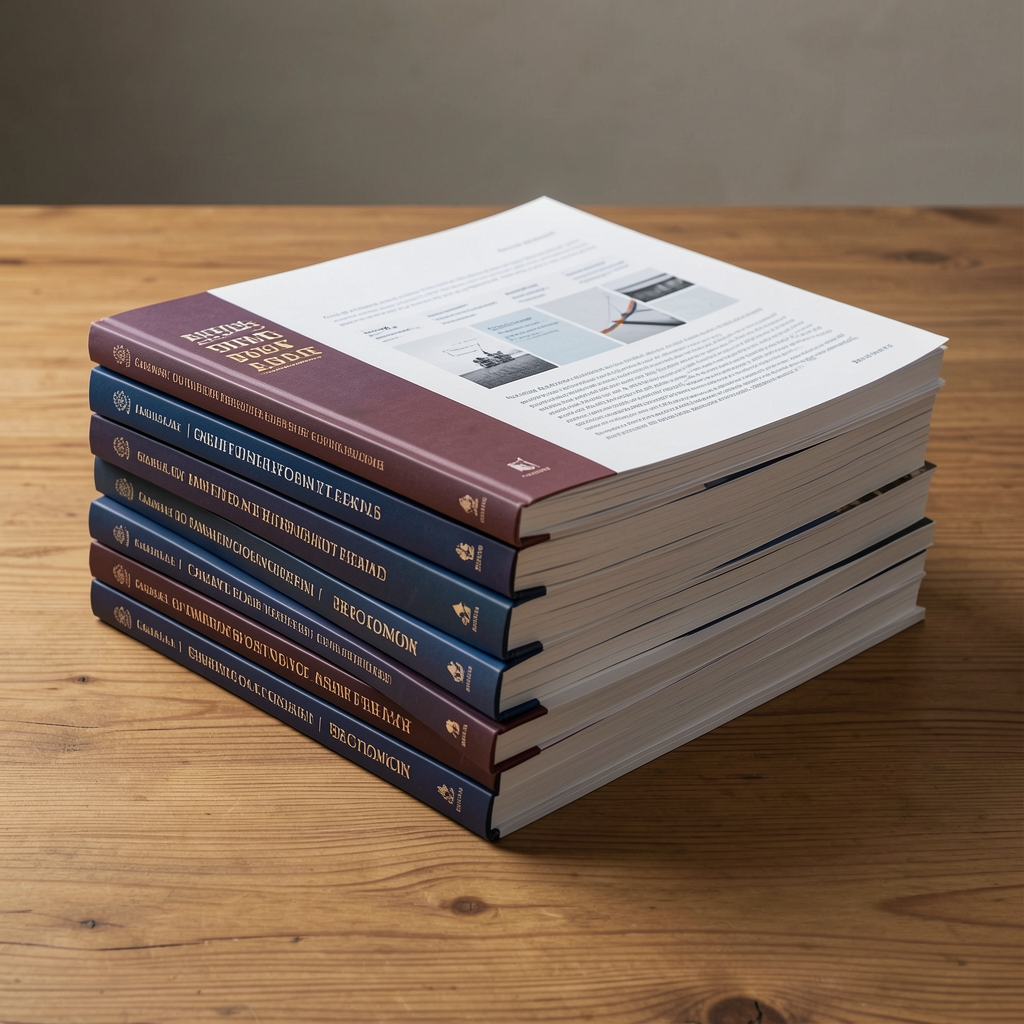 Stack of academic journals and printed research papers on a wooden surface under controlled lighting, neat and organised