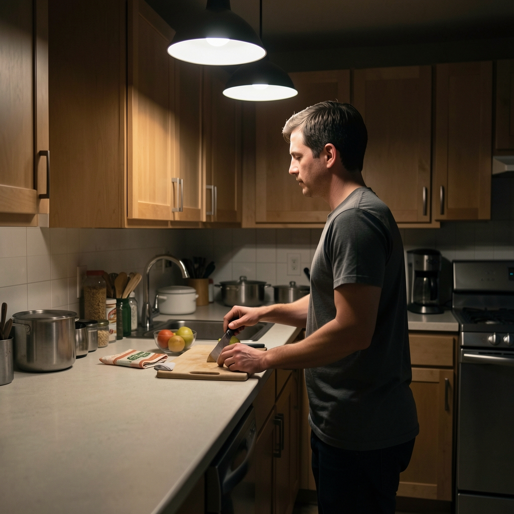 Evening kitchen scene with dim overhead light, a person standing at a counter with minimal food preparation materials